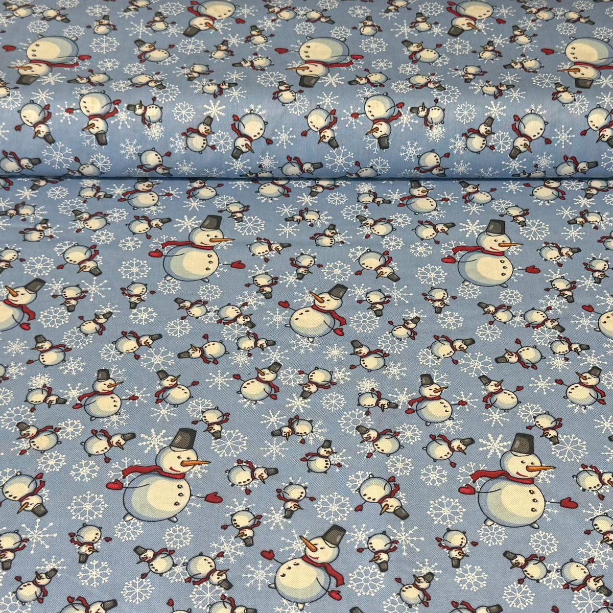 Snowmen & Snowflakes on Dusty Blue Print Fabric – 100% Cotton | 45” Wide