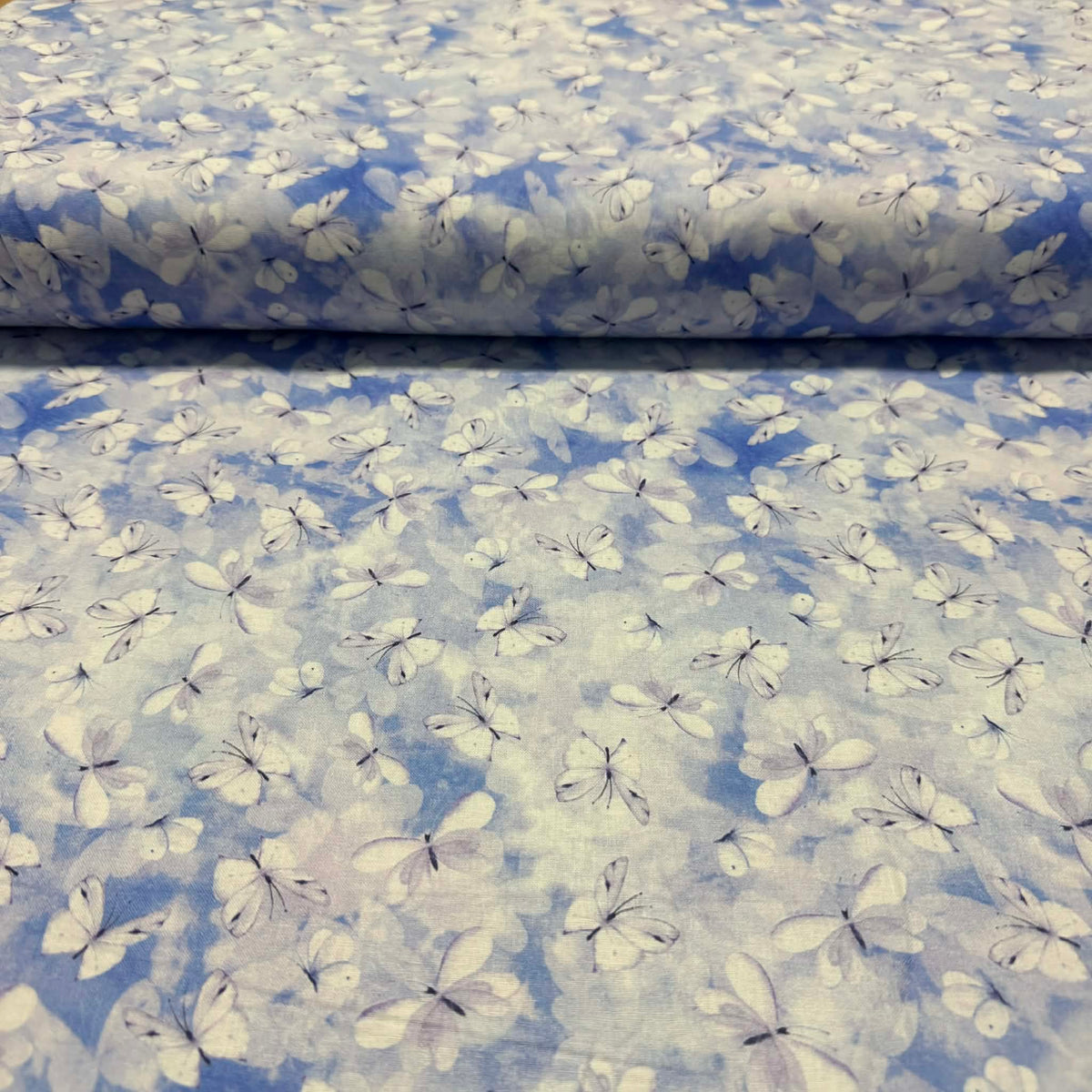Watercolor Butterfly Fabric – Soft Blue | 100% Cotton | 45” Wide