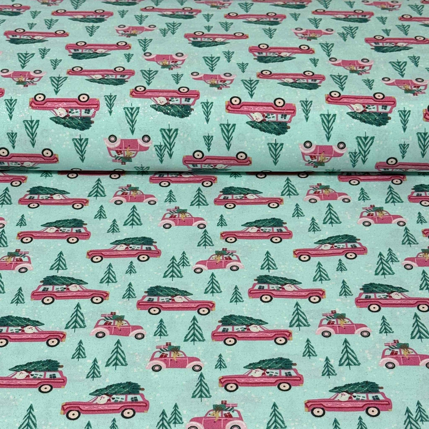 Vintage Pink Christmas Car (With Glitter ) Print Fabric - 100% Cotton | 45” Wide