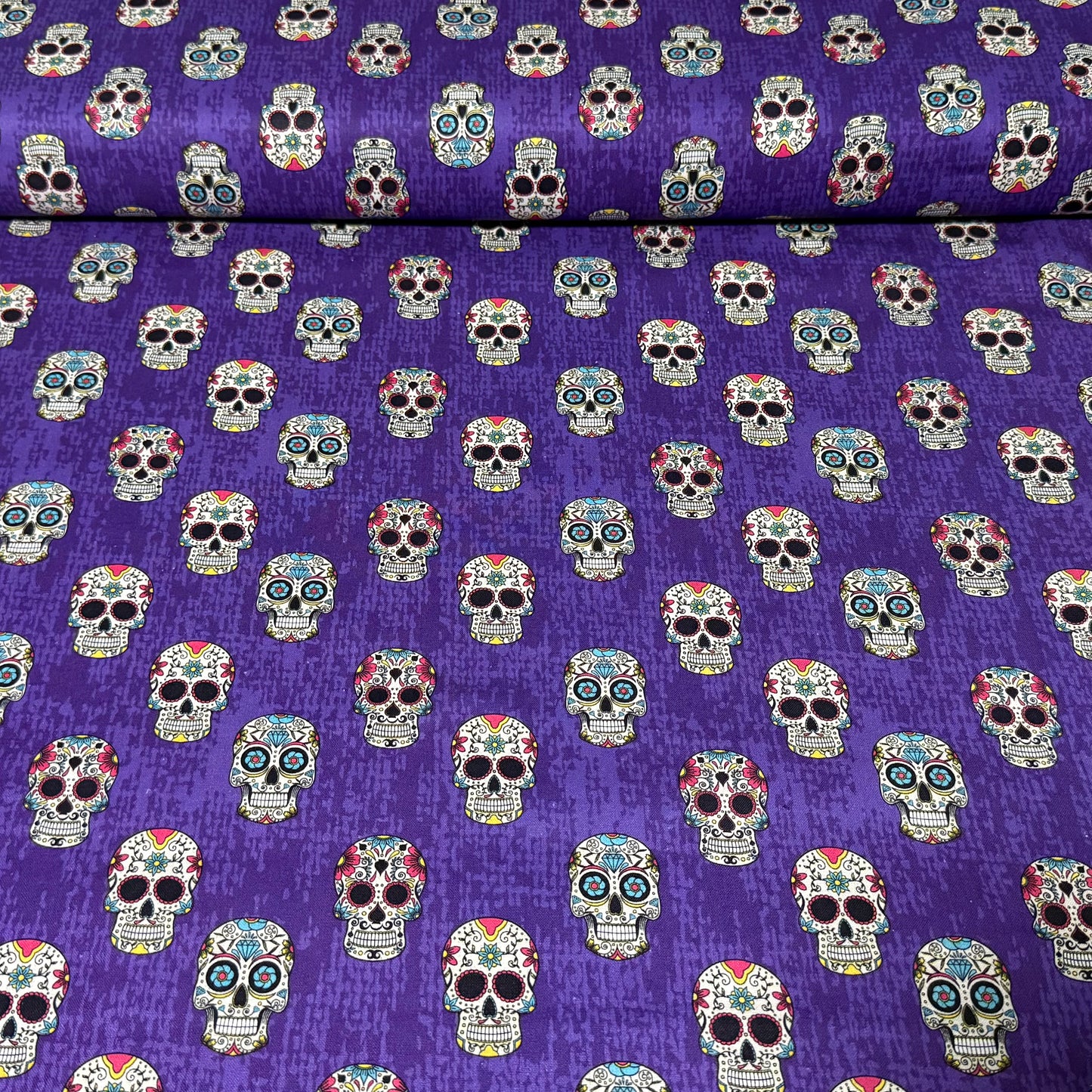 Purple Sugar Skull Print Fabric – 100% Cotton | 45” Wide