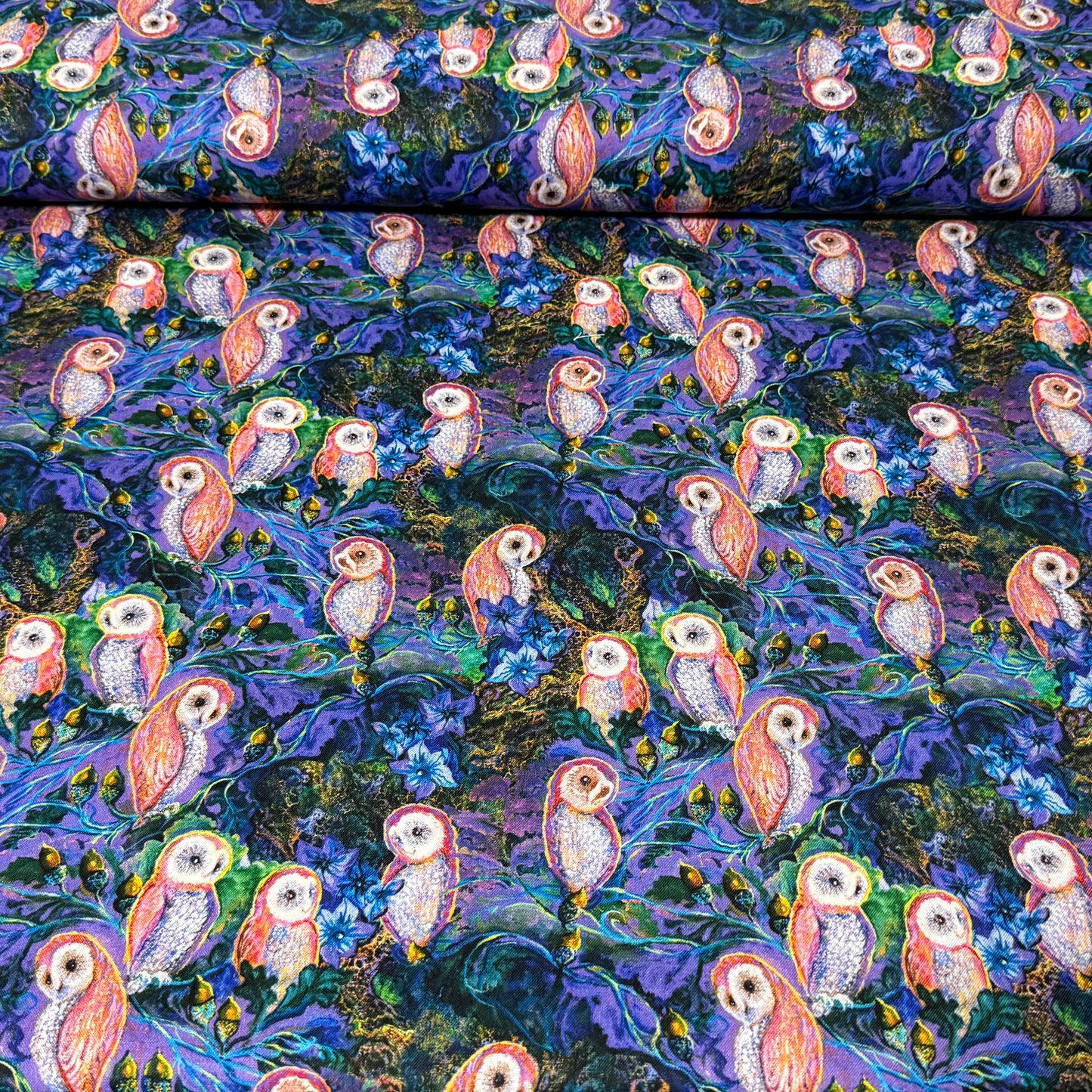 Mystical Barn Owl Forest Print Fabric – 100% Cotton | 45” Wide