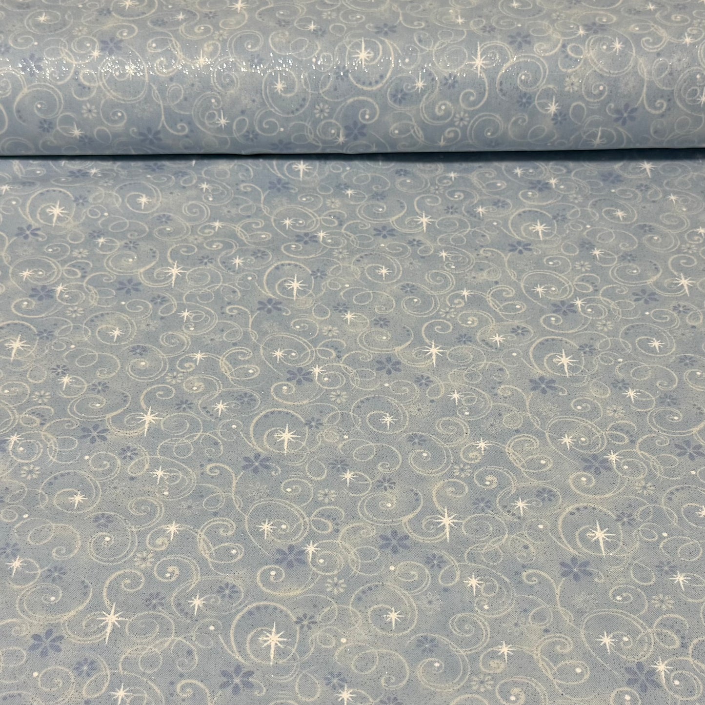 Winter Star Swirl Print Fabric – Light Blue | 100% Cotton with Glitter| 45” Wide