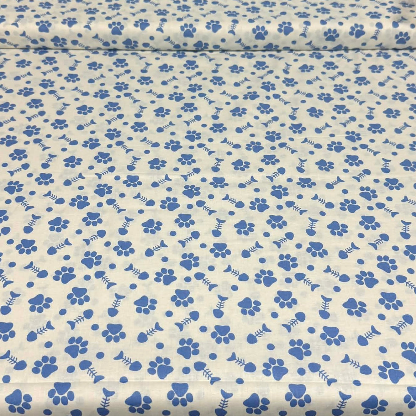 Blue Paw Print & Fishbone Fabric – 100% Cotton | 45” Wide