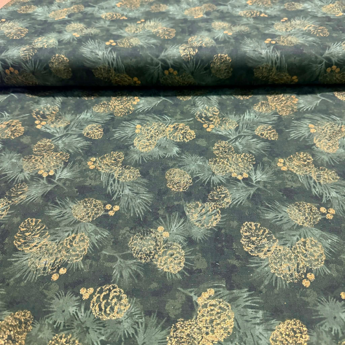 Golden Pinecone Christmas Fabric – Forest Green | 100% Cotton | 45” Wide