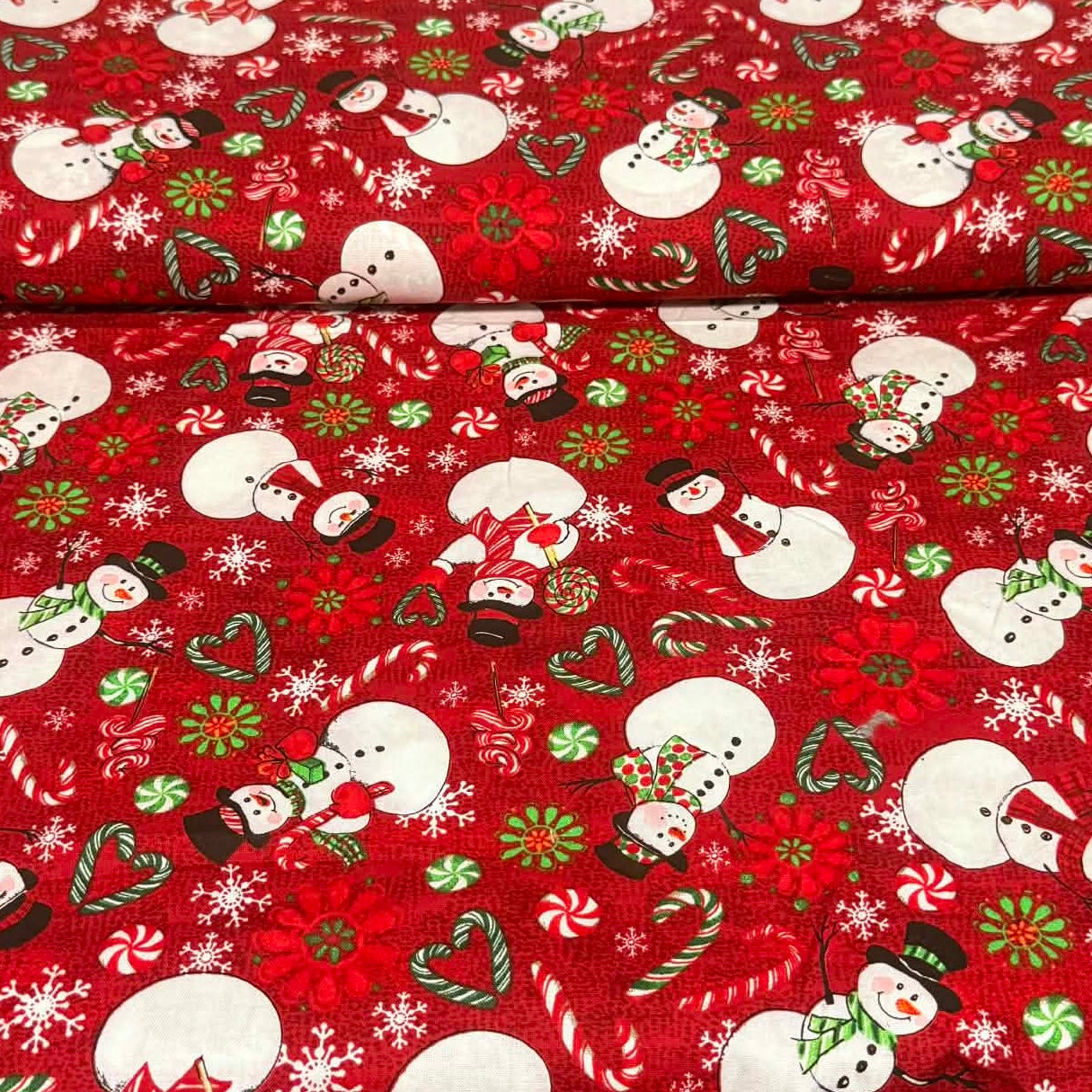 Snowman Candy Cane Christmas Print Fabric – 100% Cotton | 45” Wide