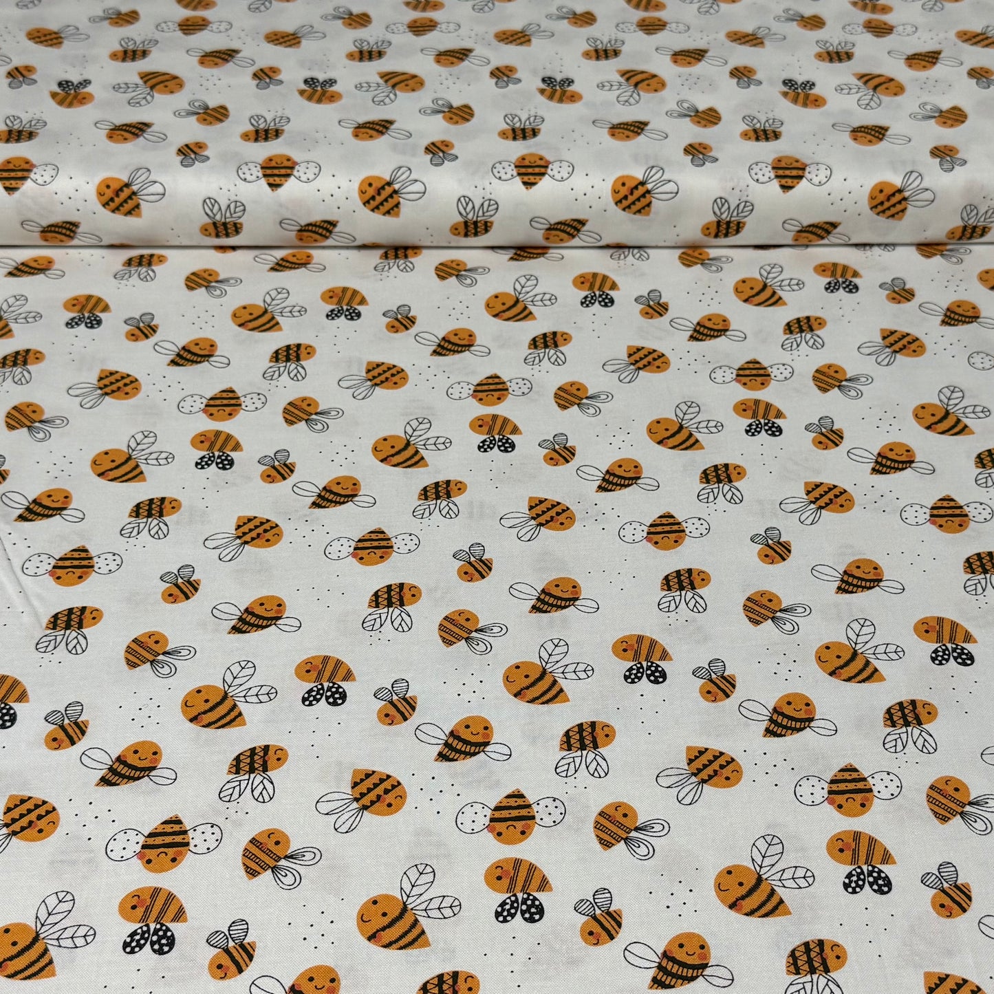 Happy Bees Print Fabric – White | 100% Cotton | 45” Wide