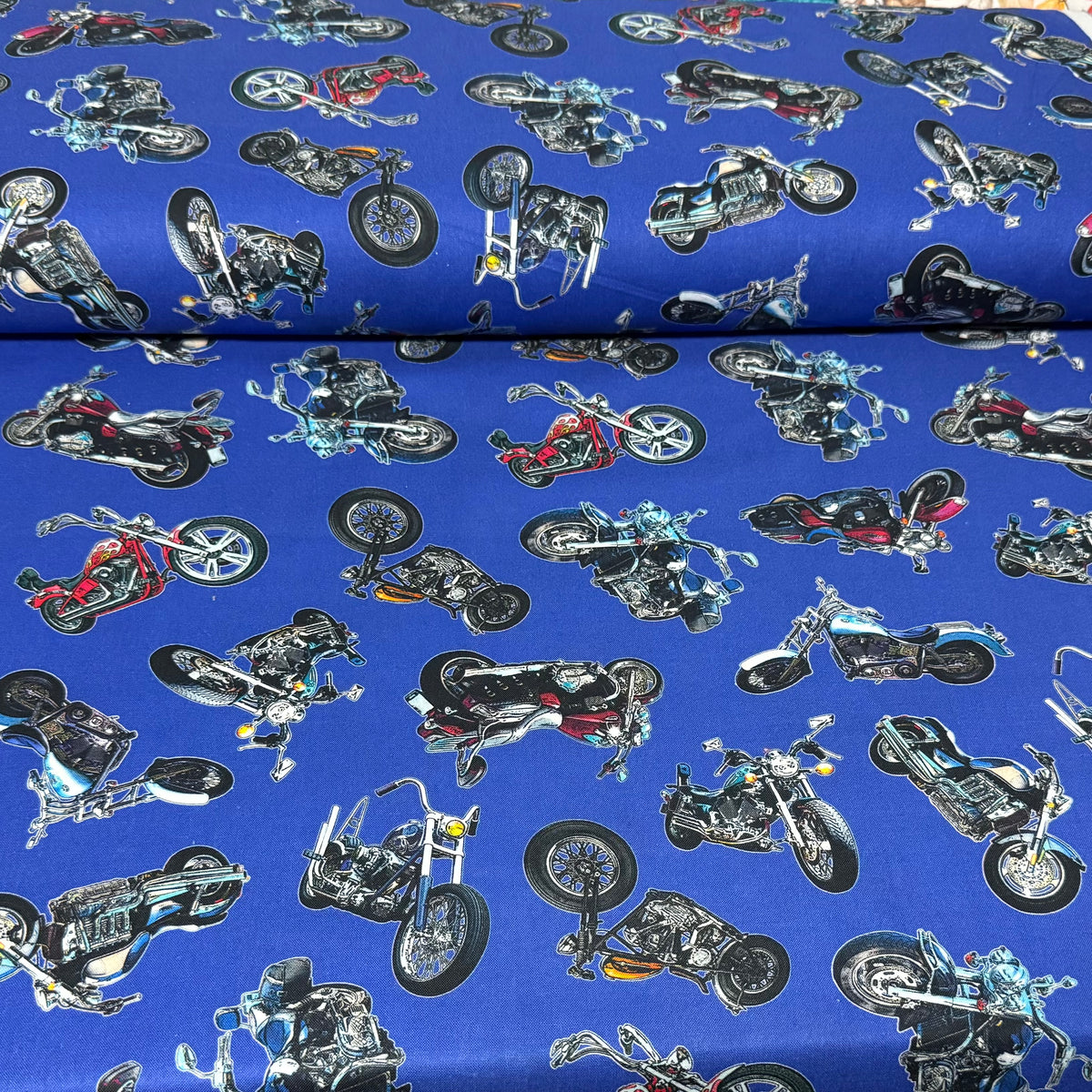 Motorcycles on Royal Blue | 100% Cotton Fabric | 45” Wide