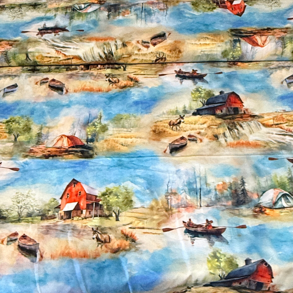 Lakeside Camping Scenic Print Fabric – 100% Cotton | 45” Wide