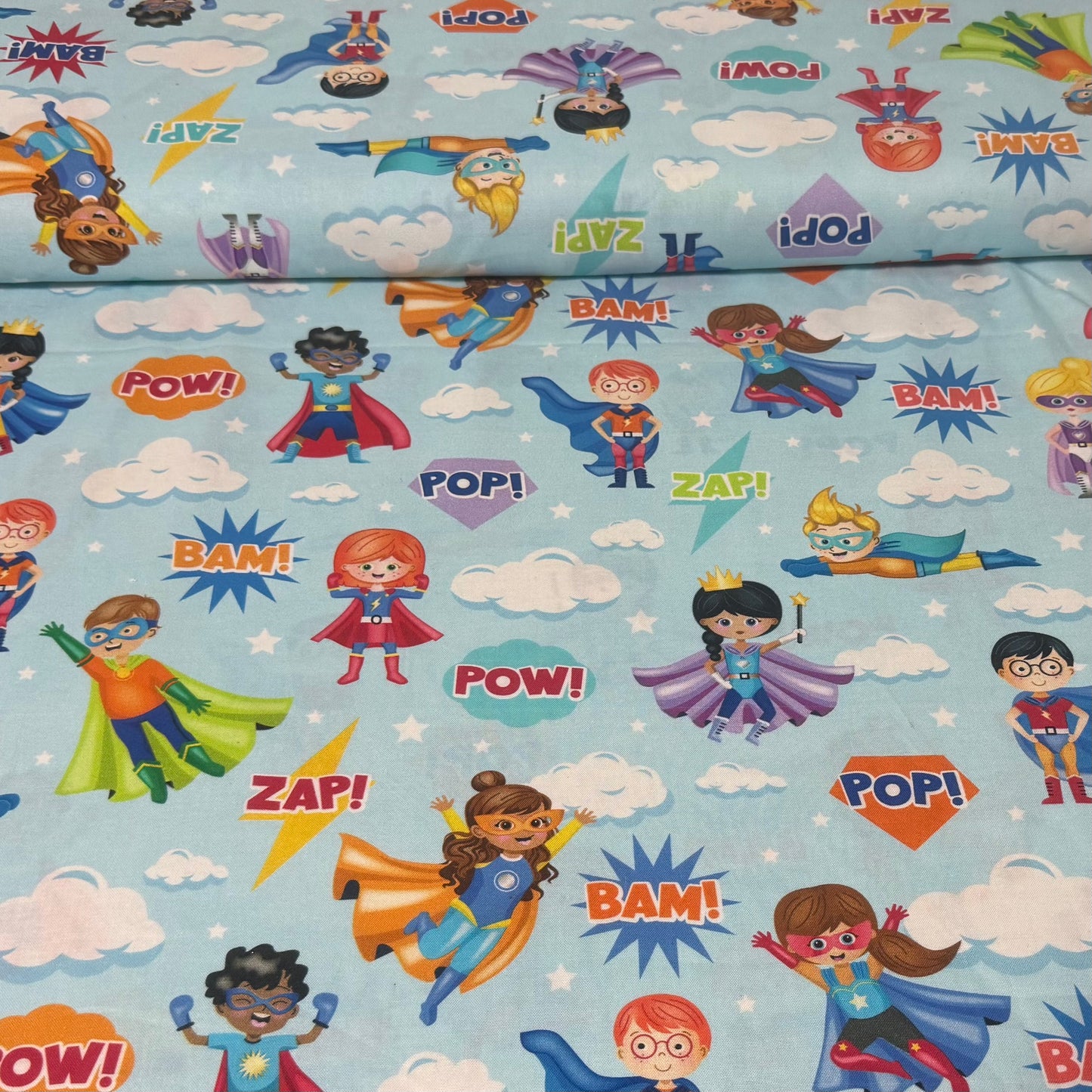 Super Kids Hero Adventure Cotton Fabric – Light Blue Multi | 45” Quilting Cotton