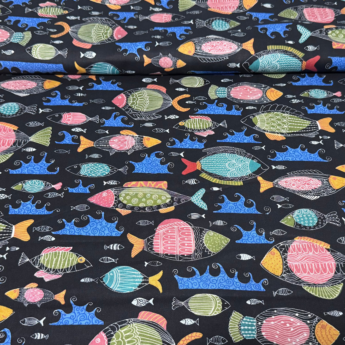 Colourful Tropical Fish on Black | 100% Cotton Fabric | 45” Wide