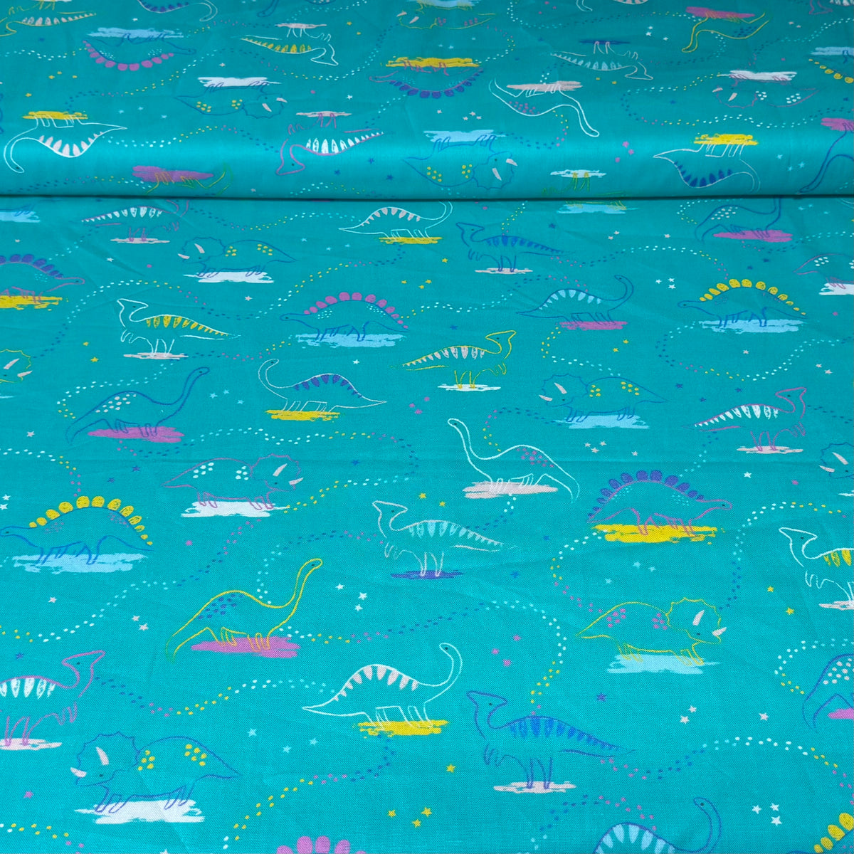 Colorful Dinosaurs on Turquoise Print Fabric – 100% Cotton | 45” Wide