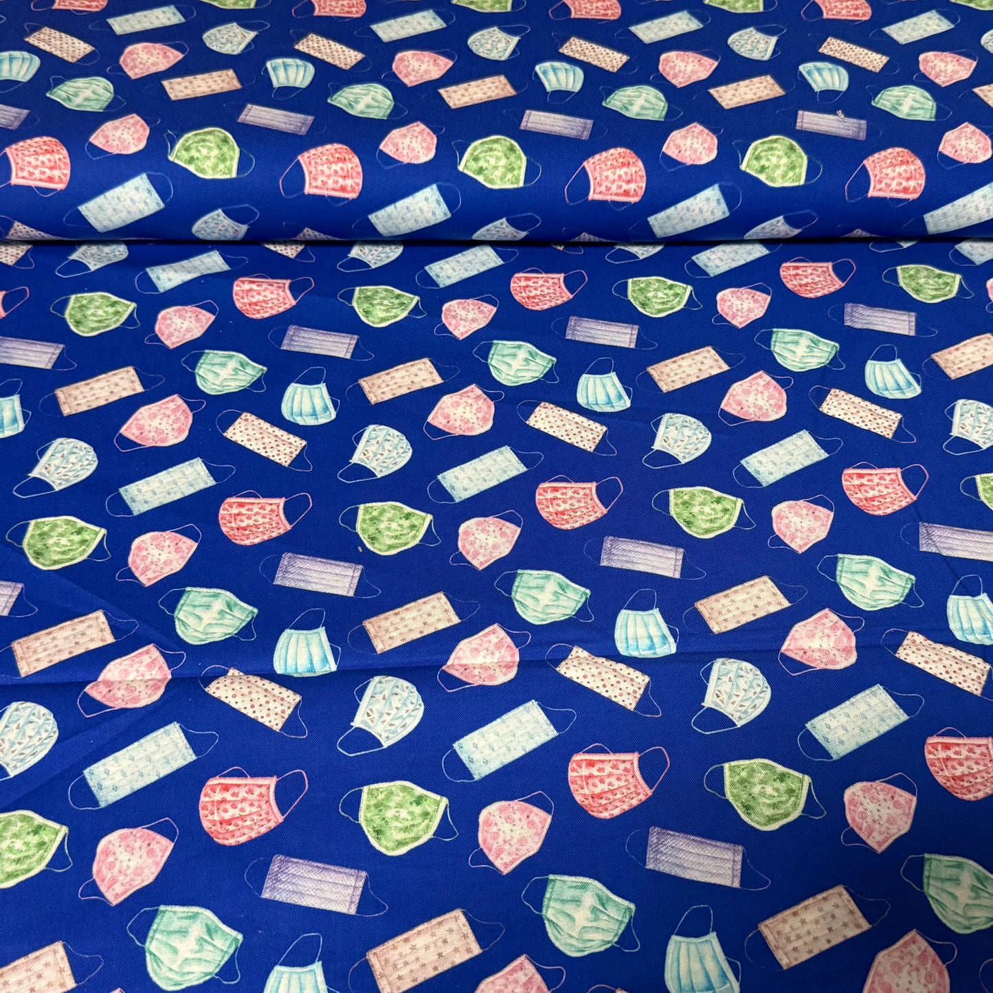 Colorful Face Mask Print Cotton Fabric – Royal Blue | 45” Wide