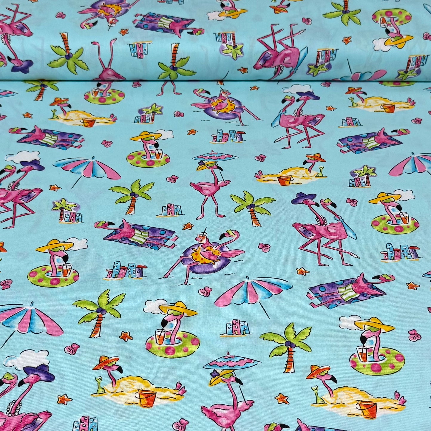 Tropical Flamingo Beach Print Fabric – 100% Cotton | 45” Wide