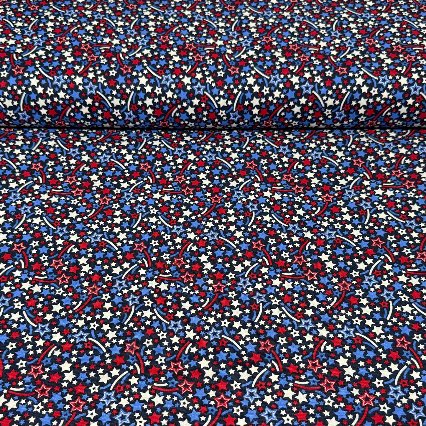 Patriotic Star Burst Cotton Fabric – Red, White & Blue Toss | 45” Quilting Cotton