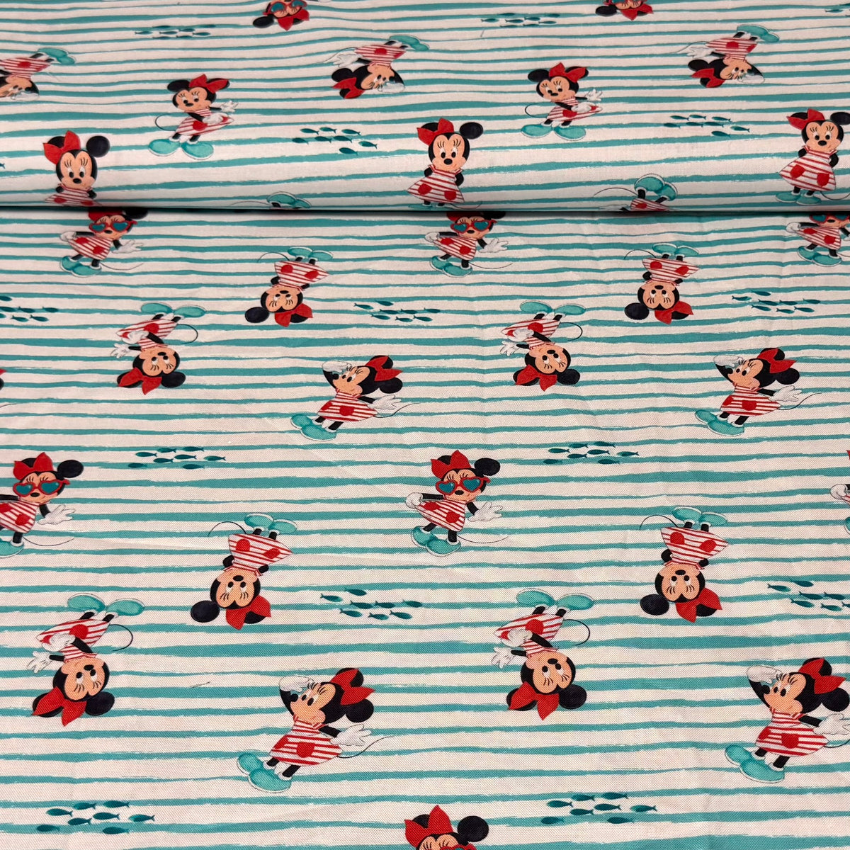 Minnie on Aqua Stripes | 100% Cotton Fabric | 45” Wide