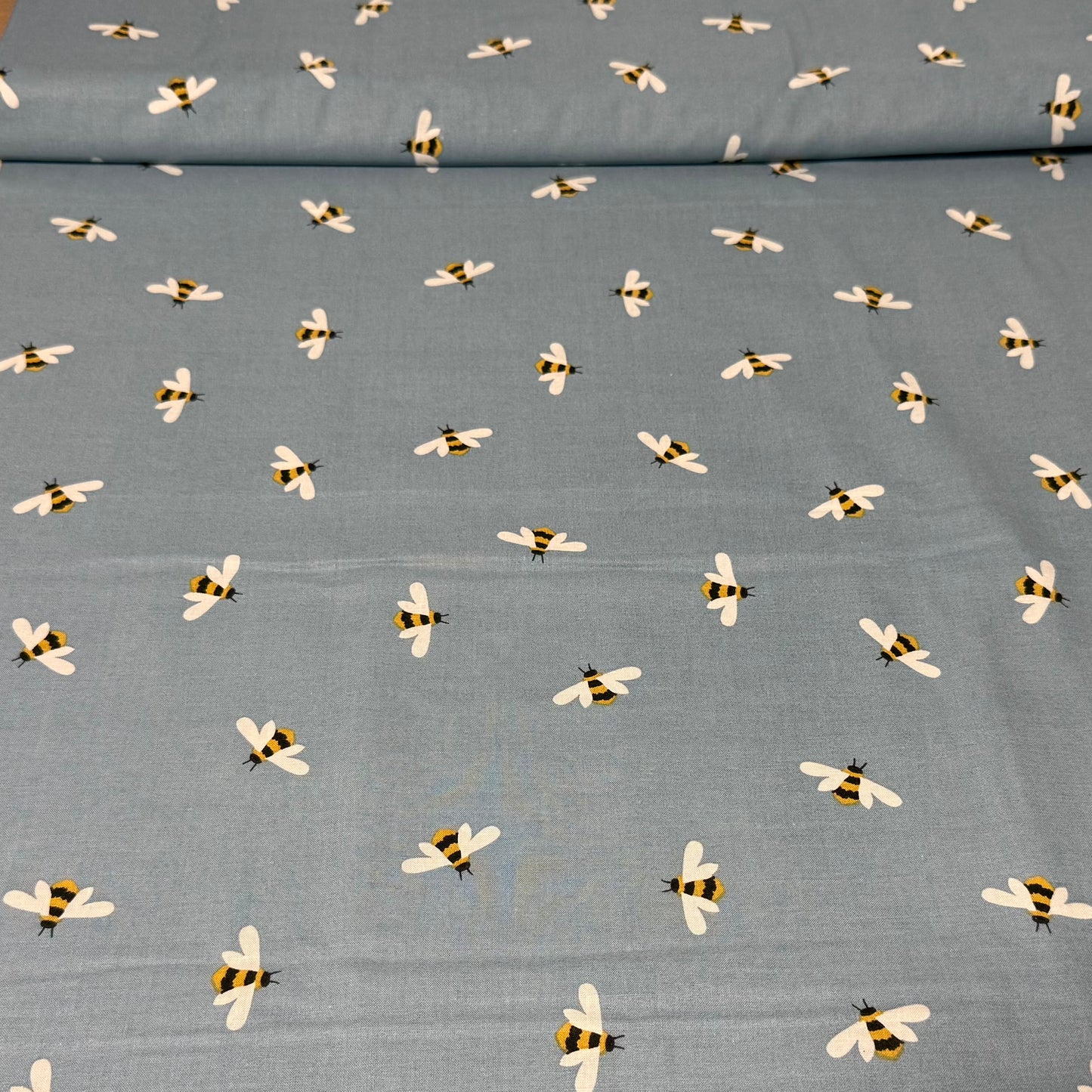 Flying Bumblebee Print Fabric – Dusty Blue | 100% Cotton | 45” Wide