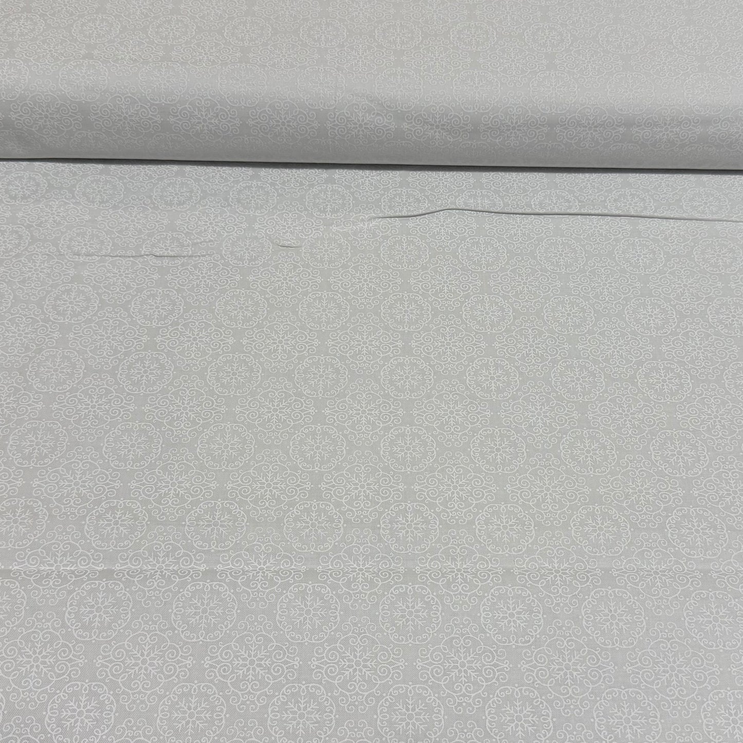 Soft White Snowflake Medallion Print Fabric – 100% Cotton | 45” Wide