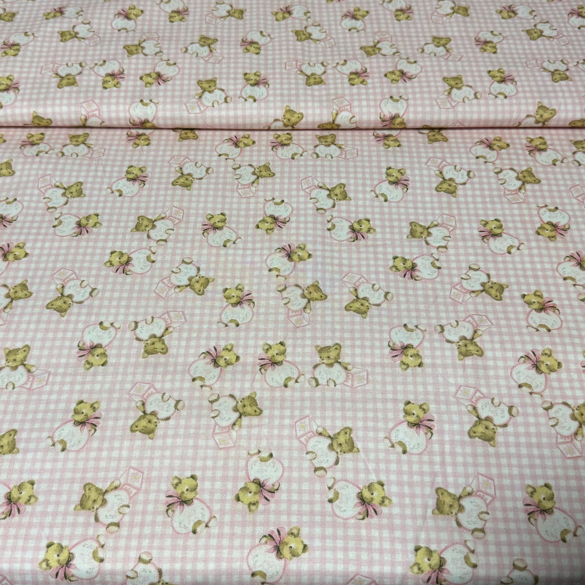 Vintage Teddy Bears on Pink Gingham | 100% Cotton Fabric | 45” Wide