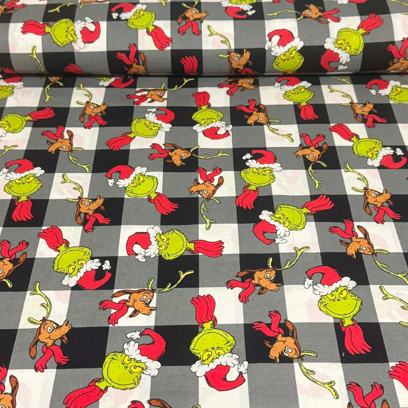 Grinch & Max Buffalo Plaid Christmas Print Fabric – 100% Cotton | 45” Wide
