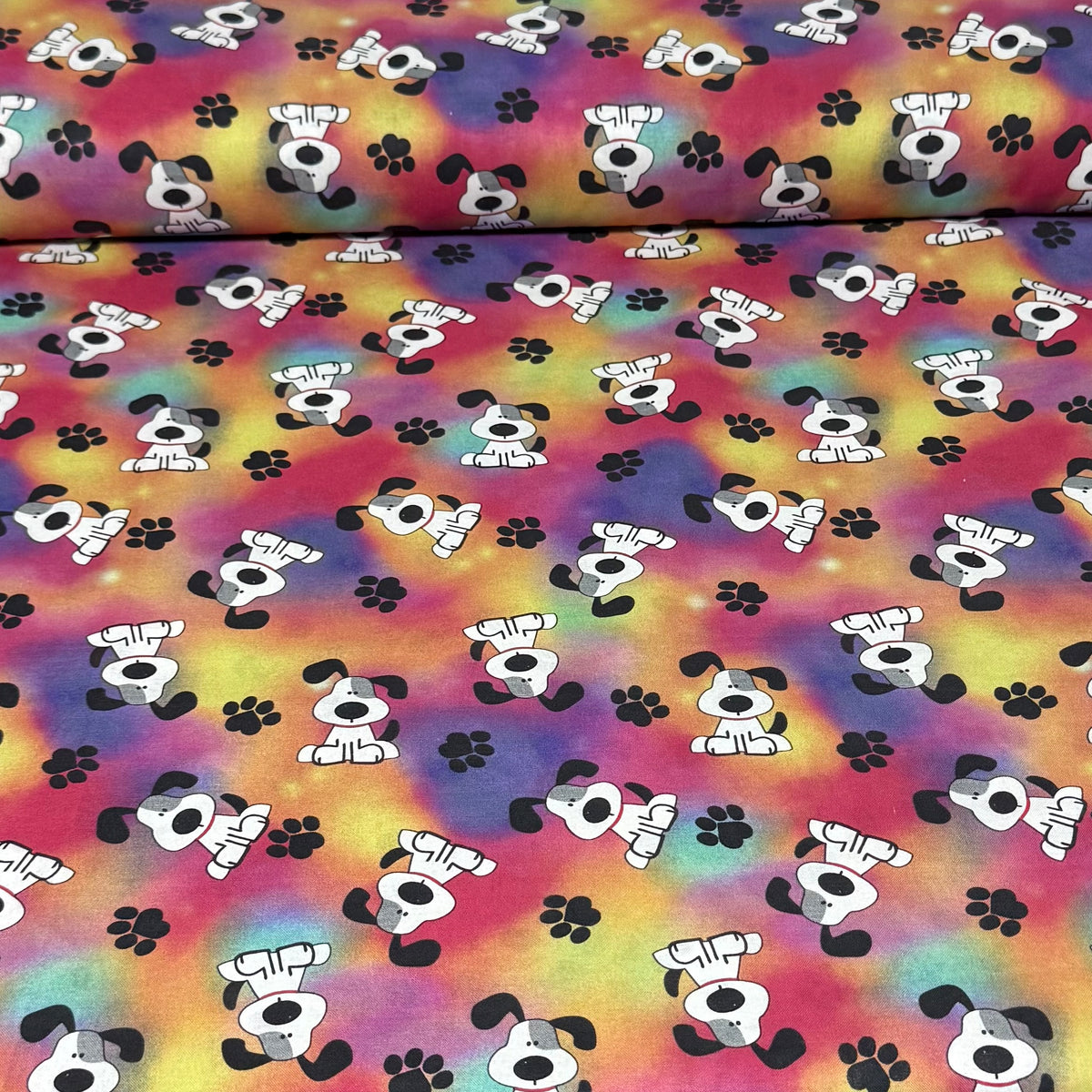 Rainbow Puppy & Paw Print Fabric – 100% Cotton | 45” Wide
