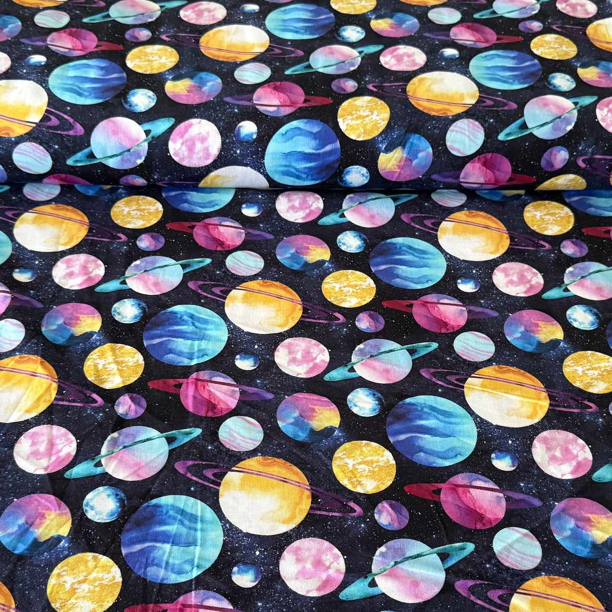 Colourful Galaxy Planets on Black | 100% Cotton Fabric | 45” Wide