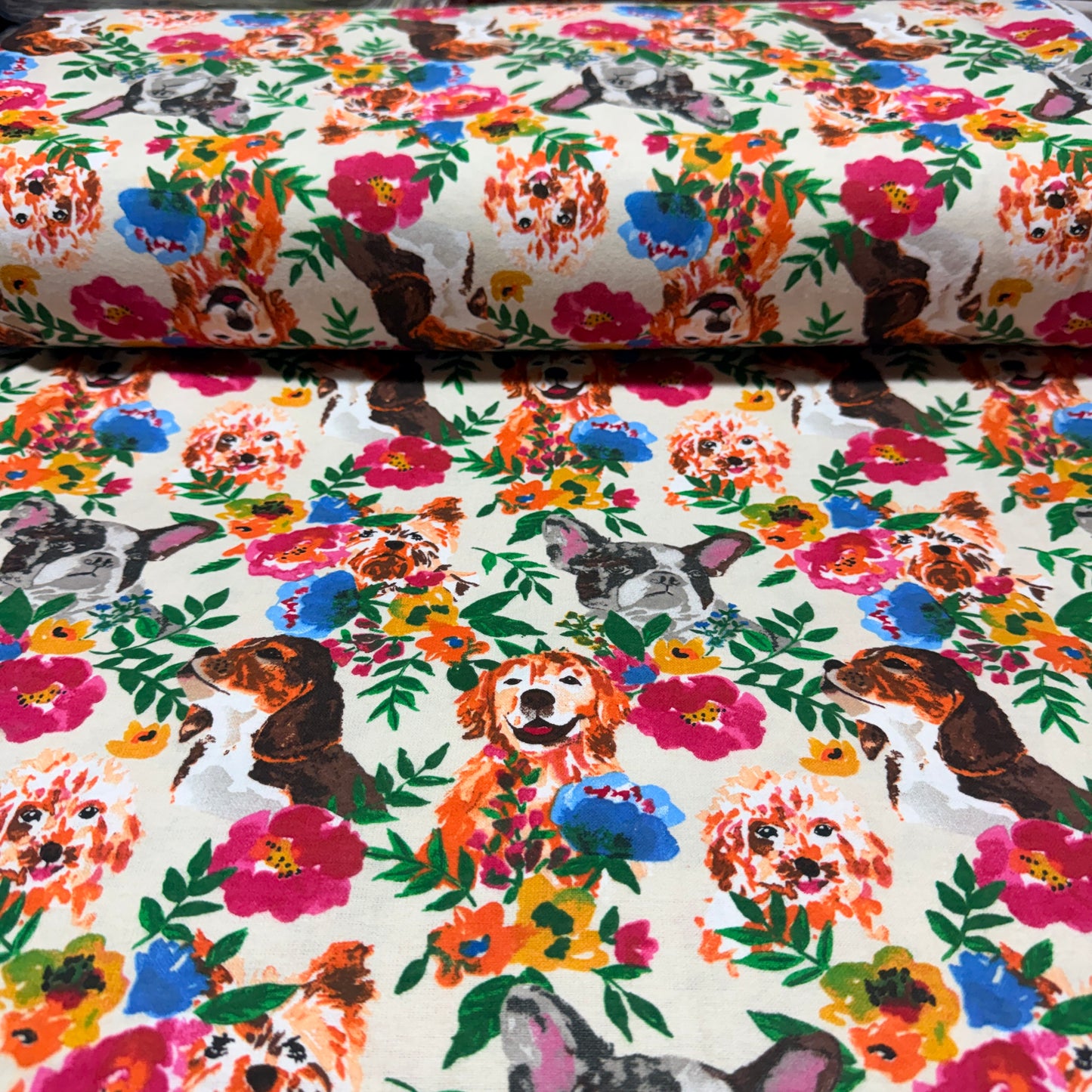 Floral Dogs Print Flannel Fabric - 100% Cotton | 45" Wide