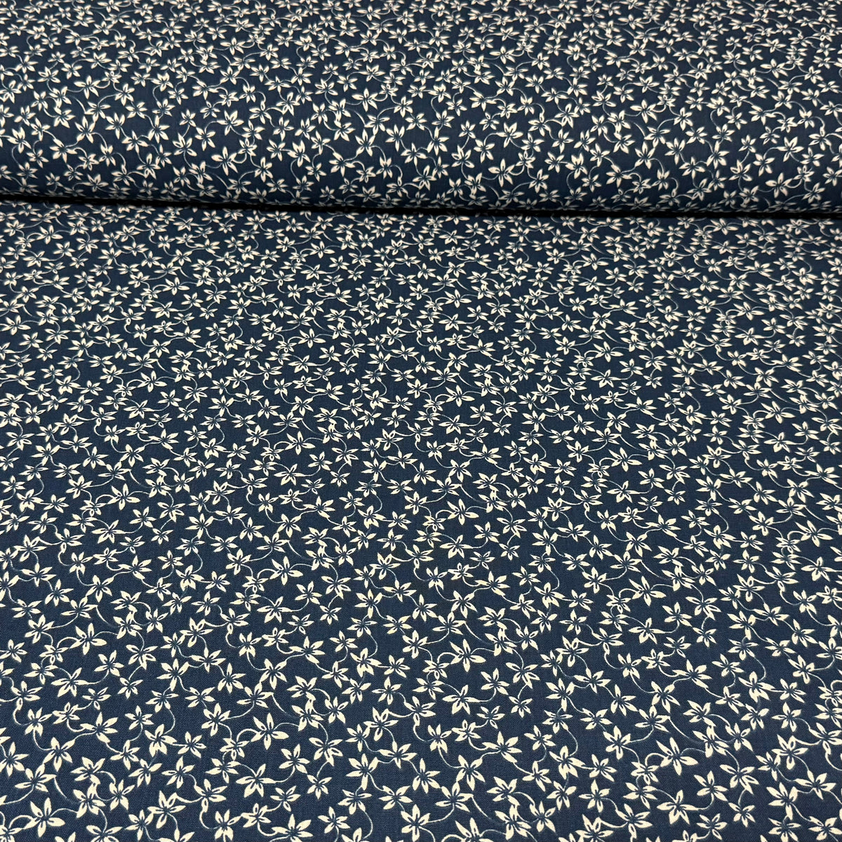 Navy Blue Cotton Fabric with Small Ivory Flowers & Delicate Trailing Vines – 45” Wide