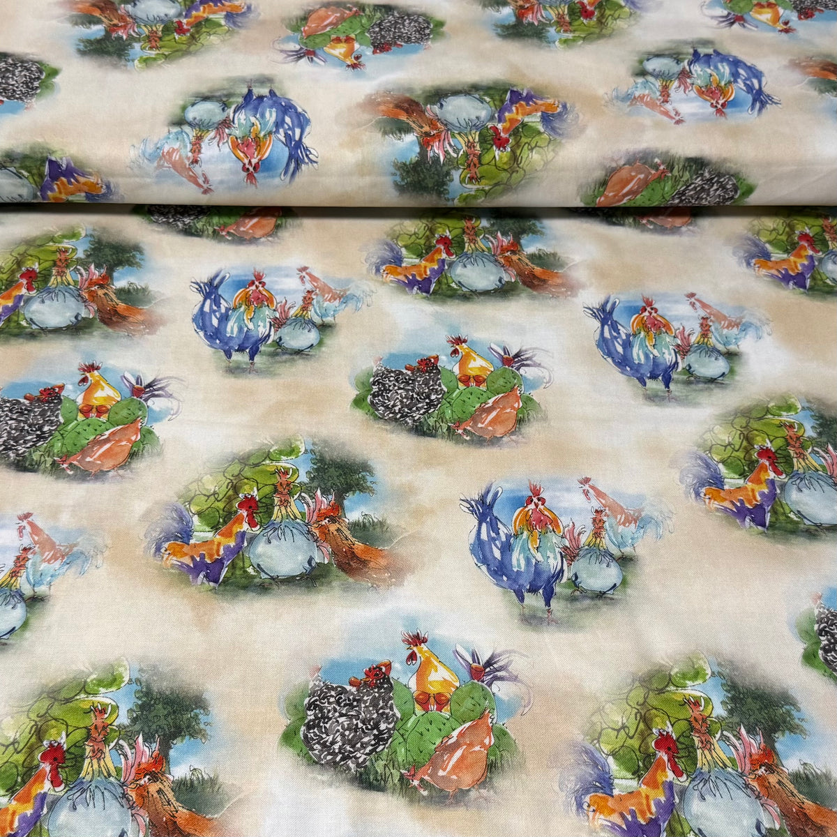 Whimsical Farm Chickens – Rustic Country Cotton Fabric