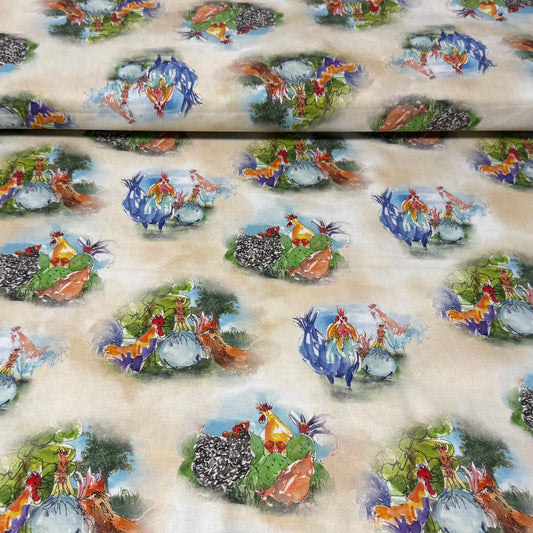 Whimsical Farm Chickens – Rustic Country Cotton Fabric