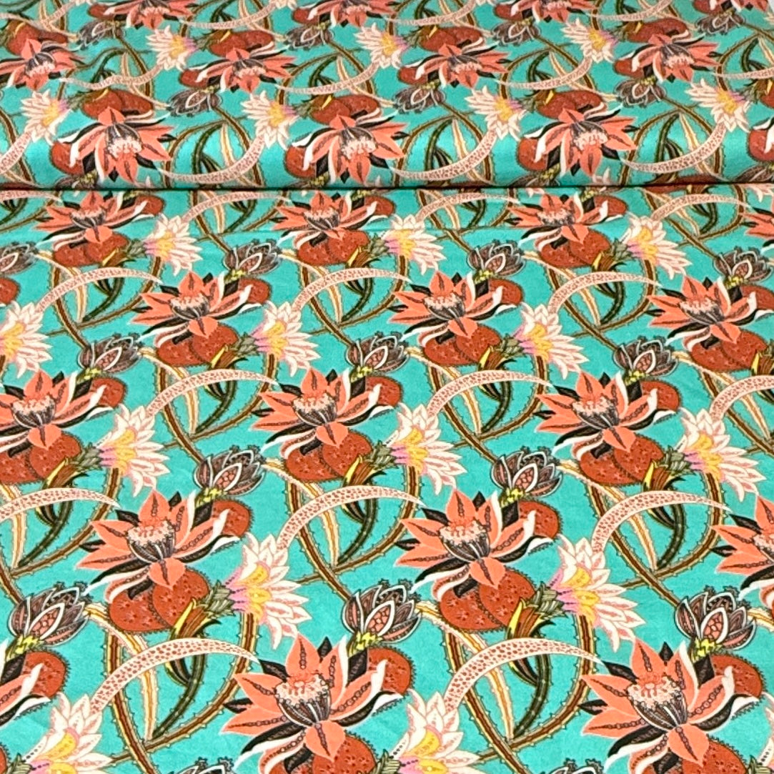 Tropical Coral Floral on Turquoise Print Fabric – 100% Cotton | 45” Wide