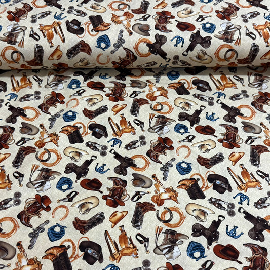 Western Ranch Icons Print Fabric – Cream Multi | 100% Cotton | 45” Wide