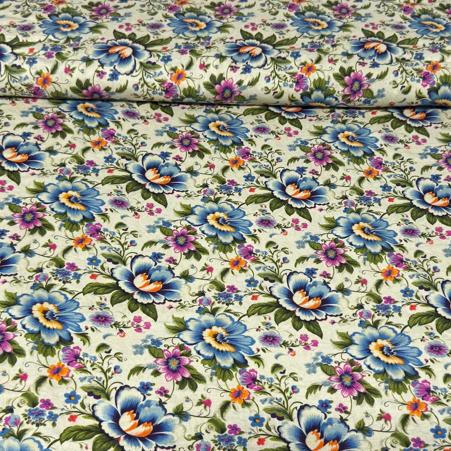 Blue Vintage Garden Floral Print Fabric – 100% Cotton | 45” Wide