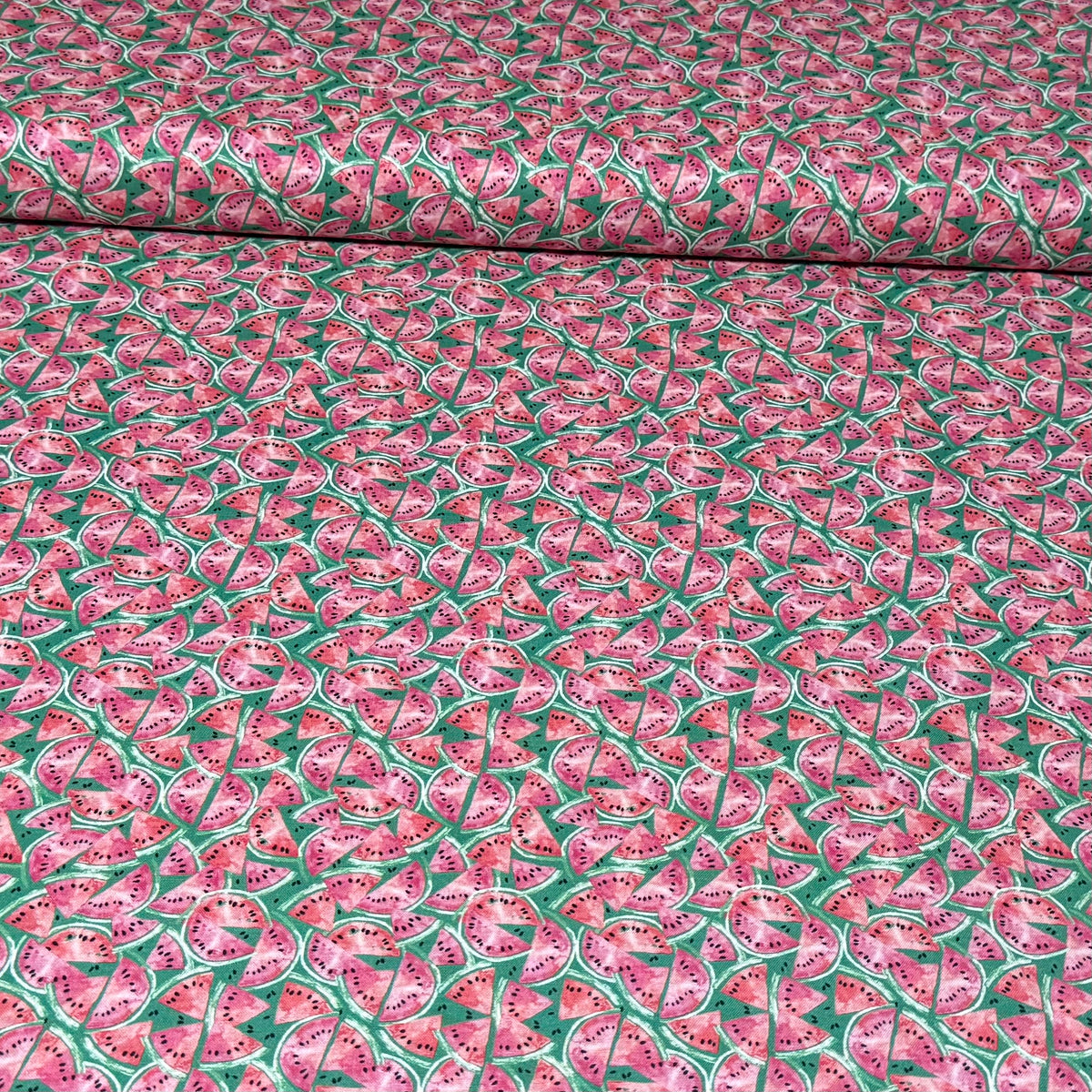 Watermelon Slice Toss Cotton Print Fabric – Green Pink | 45” Wide
