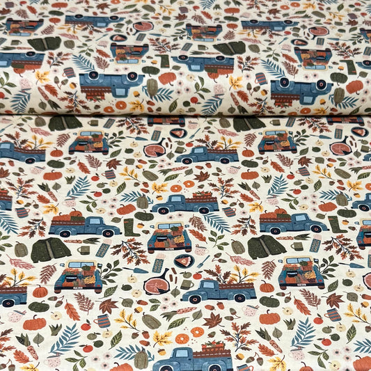 Autumn Harvest Truck Print Fabric – 100% Cotton | 45” Wide