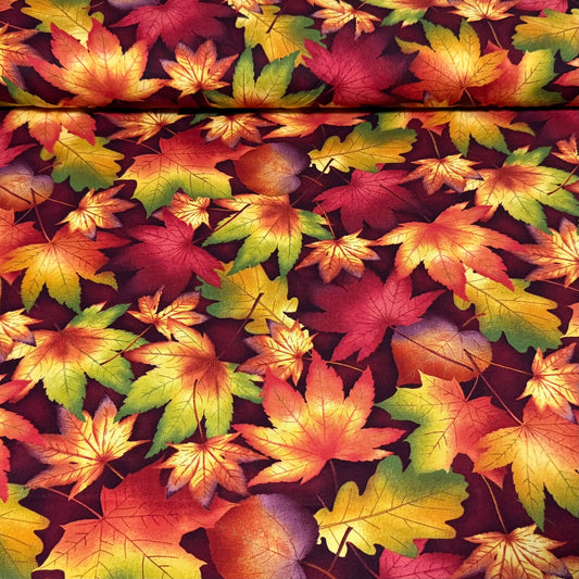 Autumn Maple Leaves Print Fabric – Multi Color | 100% Cotton | 45” Wide