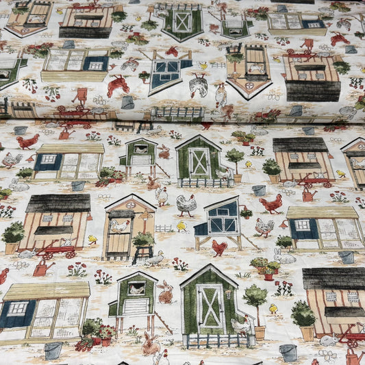 Country Chicken Coop Print Fabric - 100% Cotton | 45” Wide