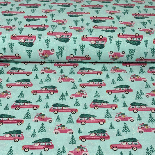 Vintage Pink Christmas Car (With Glitter ) Print Fabric - 100% Cotton | 45” Wide