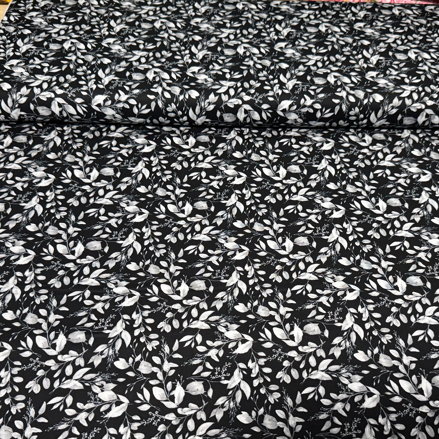 Monochrome Leaf Vine Cotton Fabric – Black & Ivory | 45” Quilting Cotton