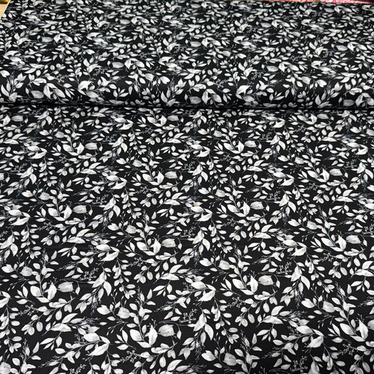 Monochrome Leaf Vine Cotton Fabric – Black & Ivory | 45” Quilting Cotton