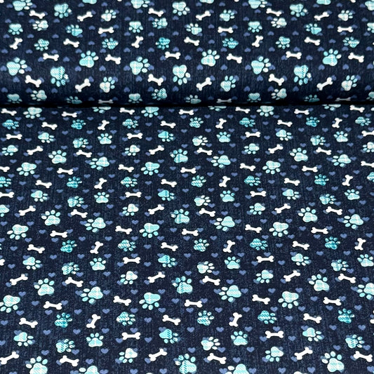 Paw Prints & Bones Navy Fabric – 100% Cotton | 45” Wide