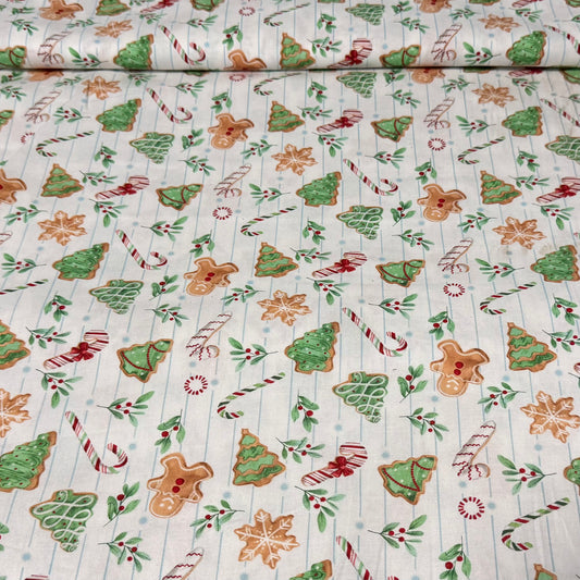 Christmas Cookie & Candy Cane Print Fabric – 100% Cotton | 45” Wide