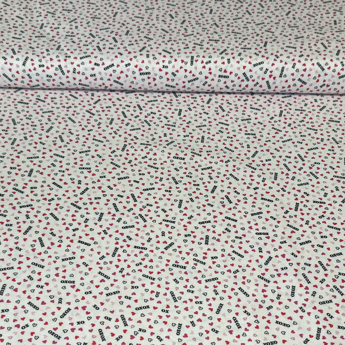 XOXO Hearts on White Print Fabric – 100% Cotton | 45” Wide