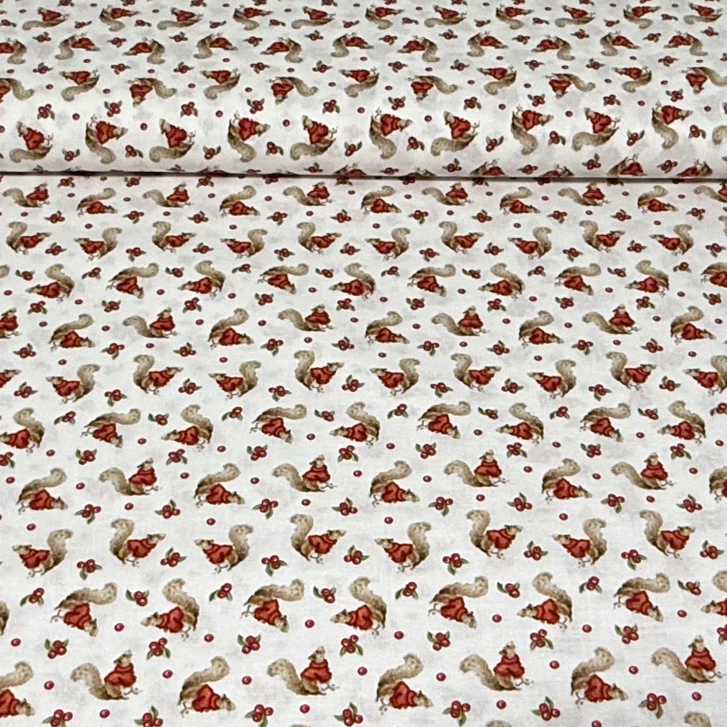 Winter Squirrel Berry Print Fabric – 100% Cotton | 45” Wide