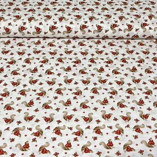 Winter Squirrel Berry Print Fabric – 100% Cotton | 45” Wide