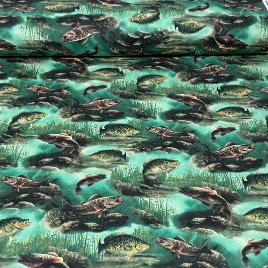 Lakeside Bass Fishing Print Fabric – 100% Cotton | 45” Wide