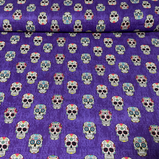 Purple Sugar Skull Print Fabric – 100% Cotton | 45” Wide