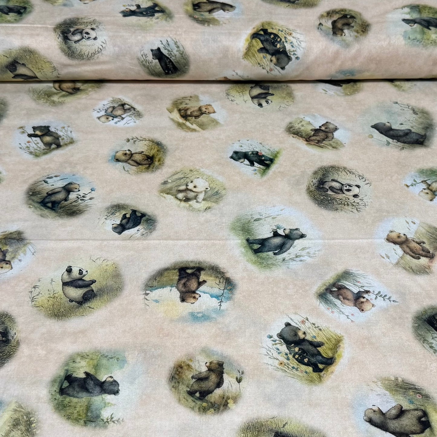 Gentle Forest Bears Cotton Fabric – Cream | Nursery Animal Print