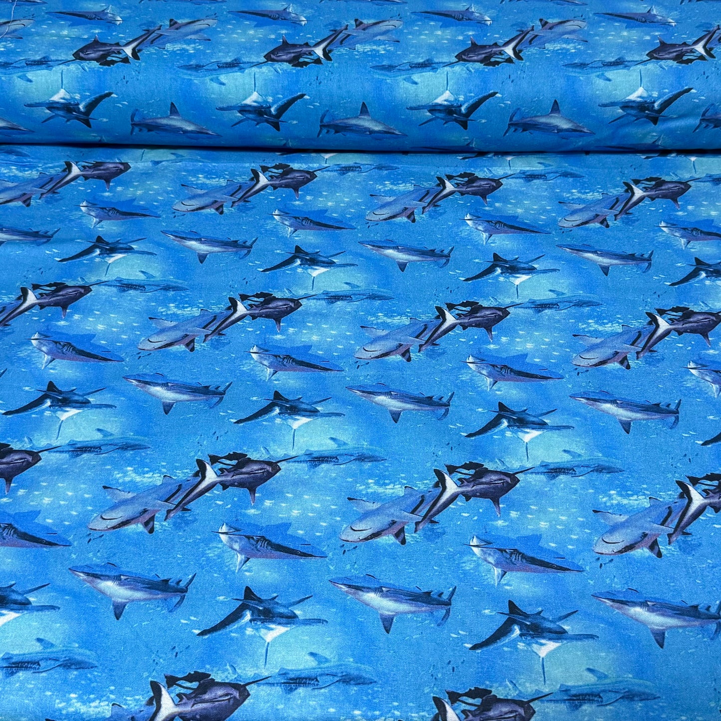 Ocean Depth Sharks Cotton Fabric – Blue | Marine Life Print