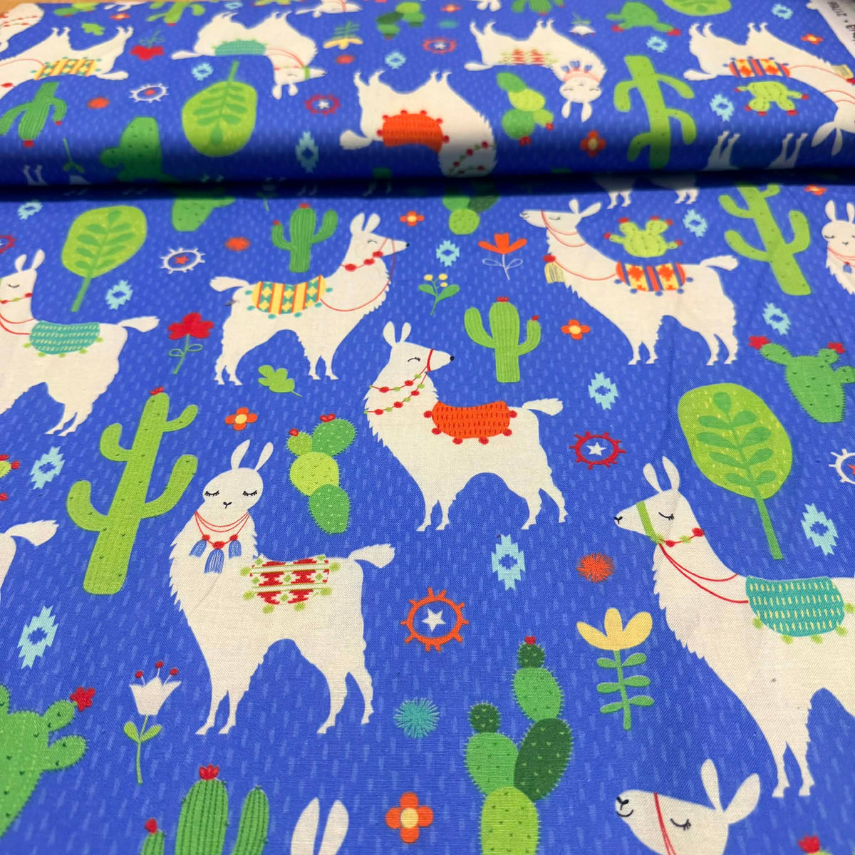 Llama & Cactus Print Fabric – Royal Blue | 100% Cotton | 45” Wide