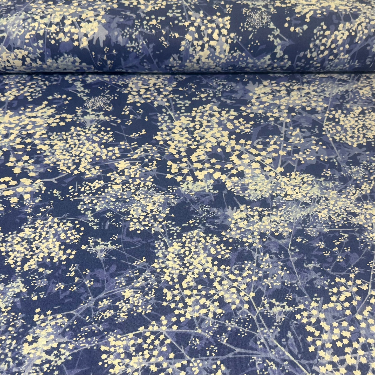 Midnight Blossom Abstract Floral Wide Back Fabric – Dusty Blue | 108” Wide | 100% Cotton